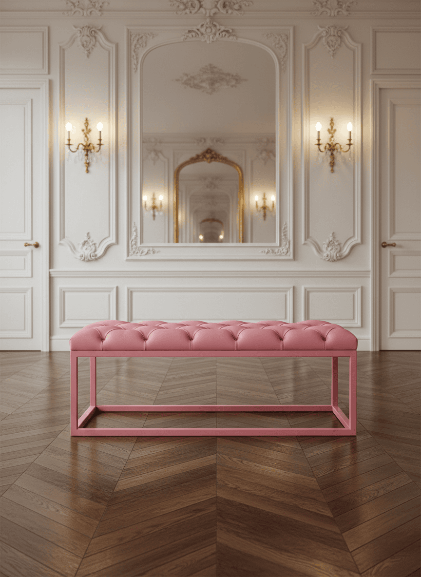 Pink UrbanChic Ecoleather Bench – Handmade Metal Frame Seat for Modern Homes