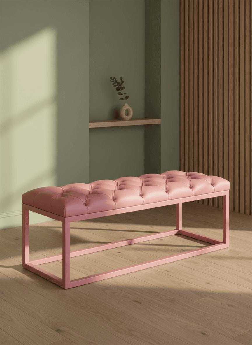 Pink UrbanChic Ecoleather Bench – Handmade Metal Frame Seat for Modern Homes