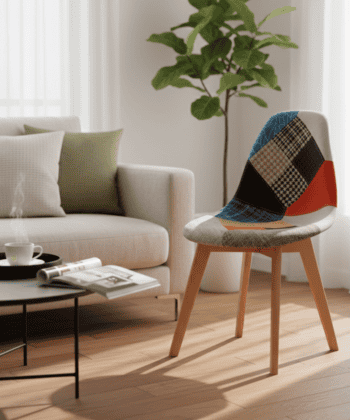 Prism Patchwork Scandinavian Chair – Multi-Colour Chenille Natural Beech 47x50x82cm