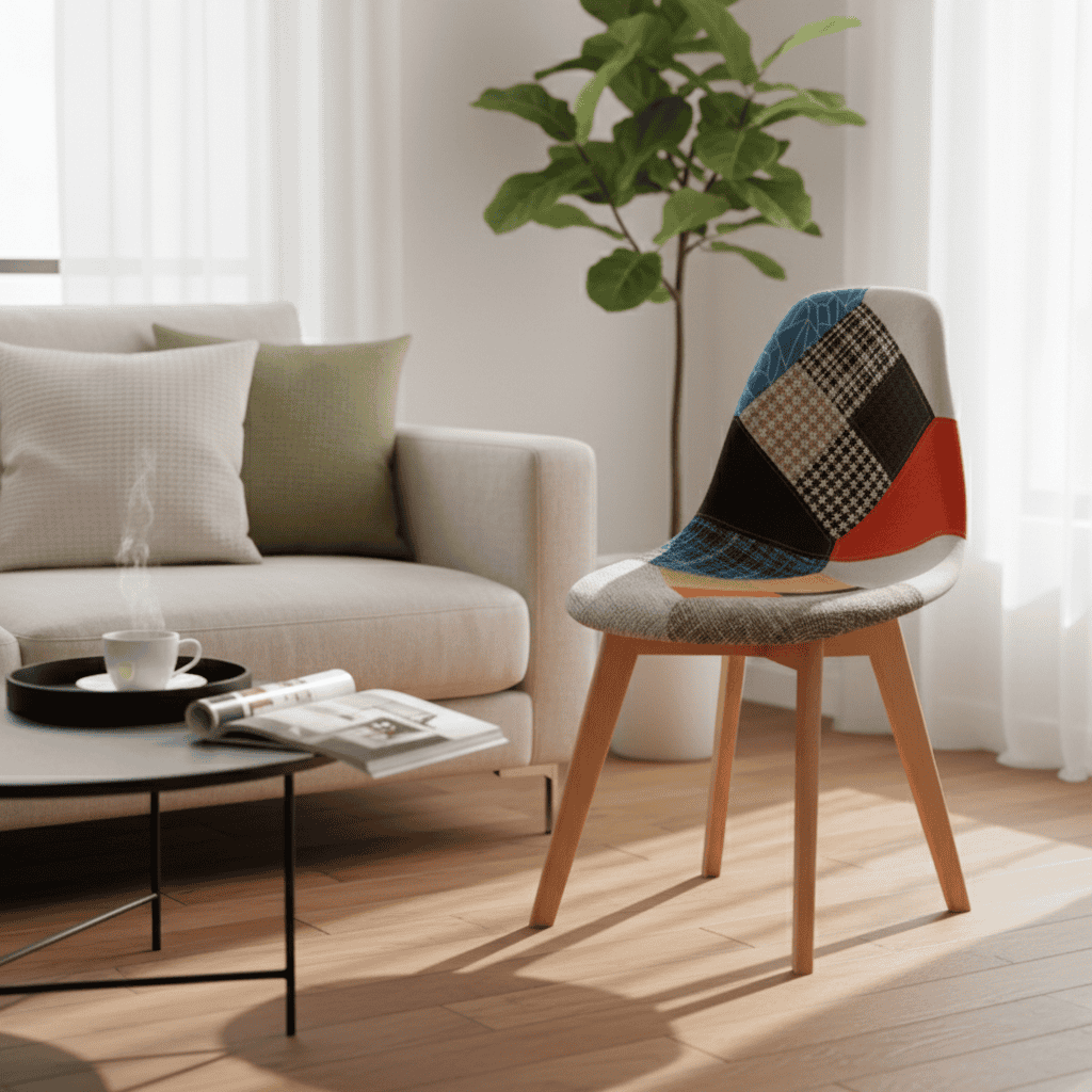 Prism Patchwork Scandinavian Chair – Multi-Colour Chenille Natural Beech 47x50x82cm