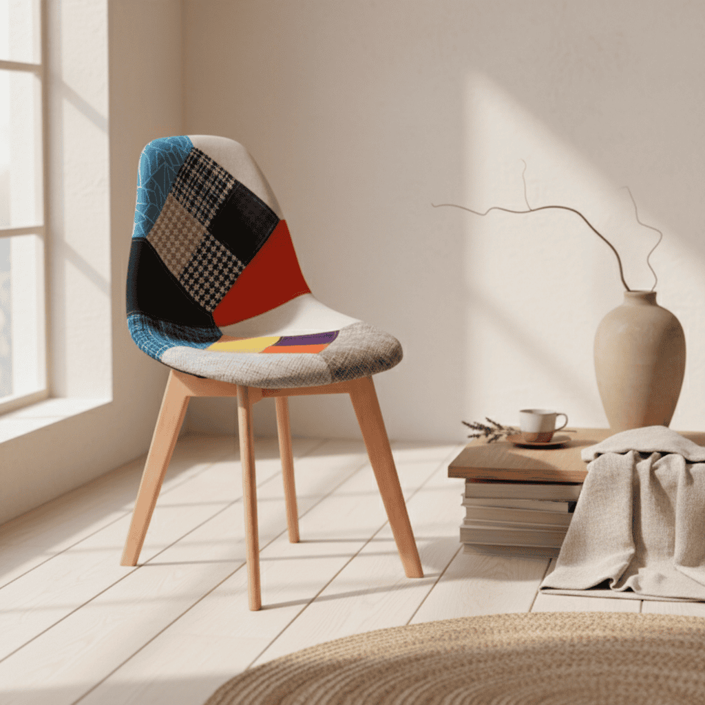 Prism Patchwork Scandinavian Chair – Multi-Colour Chenille Natural Beech 47x50x82cm