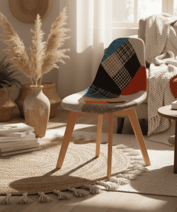 Prism Patchwork Scandinavian Chair – Multi-Colour Chenille Natural Beech 47x50x82cm