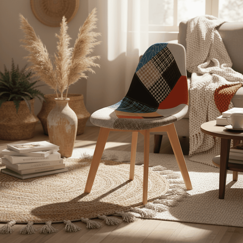 Prism Patchwork Scandinavian Chair – Multi-Colour Chenille Natural Beech 47x50x82cm