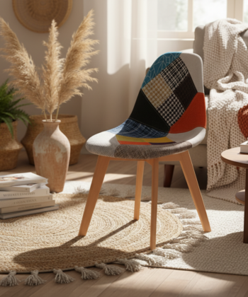 Prism Patchwork Scandinavian Chair &ndash; Multi-Colour Chenille Natural Beech 47x50x82cm