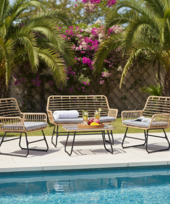 Vermont Grey Rattan Garden Set – 2 Armchairs, Sofa & Glass Table