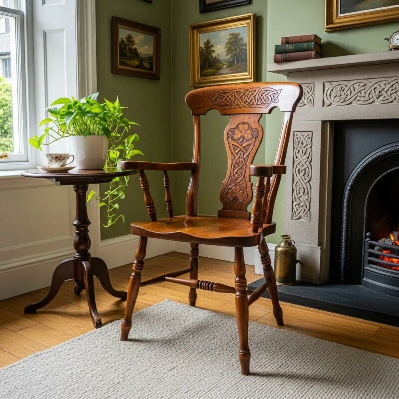 Restored antique wooden chair in a cozy Dublin living room, showcasing expert furniture restoration