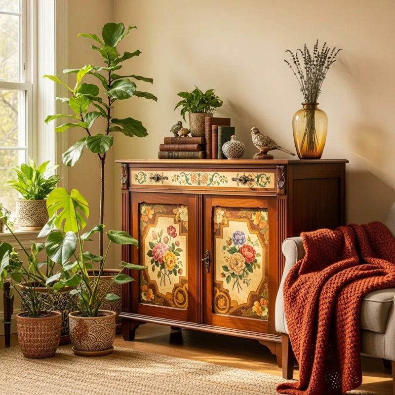 Restored vintage furniture with decoupage designs in a cozy living room