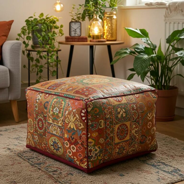 Restored vintage pouffe with artistic decoupage in a cozy living room setting
