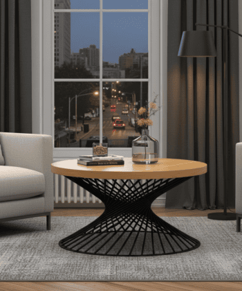 Round Natural Oak Coffee Table – Industrial Black Metal Base