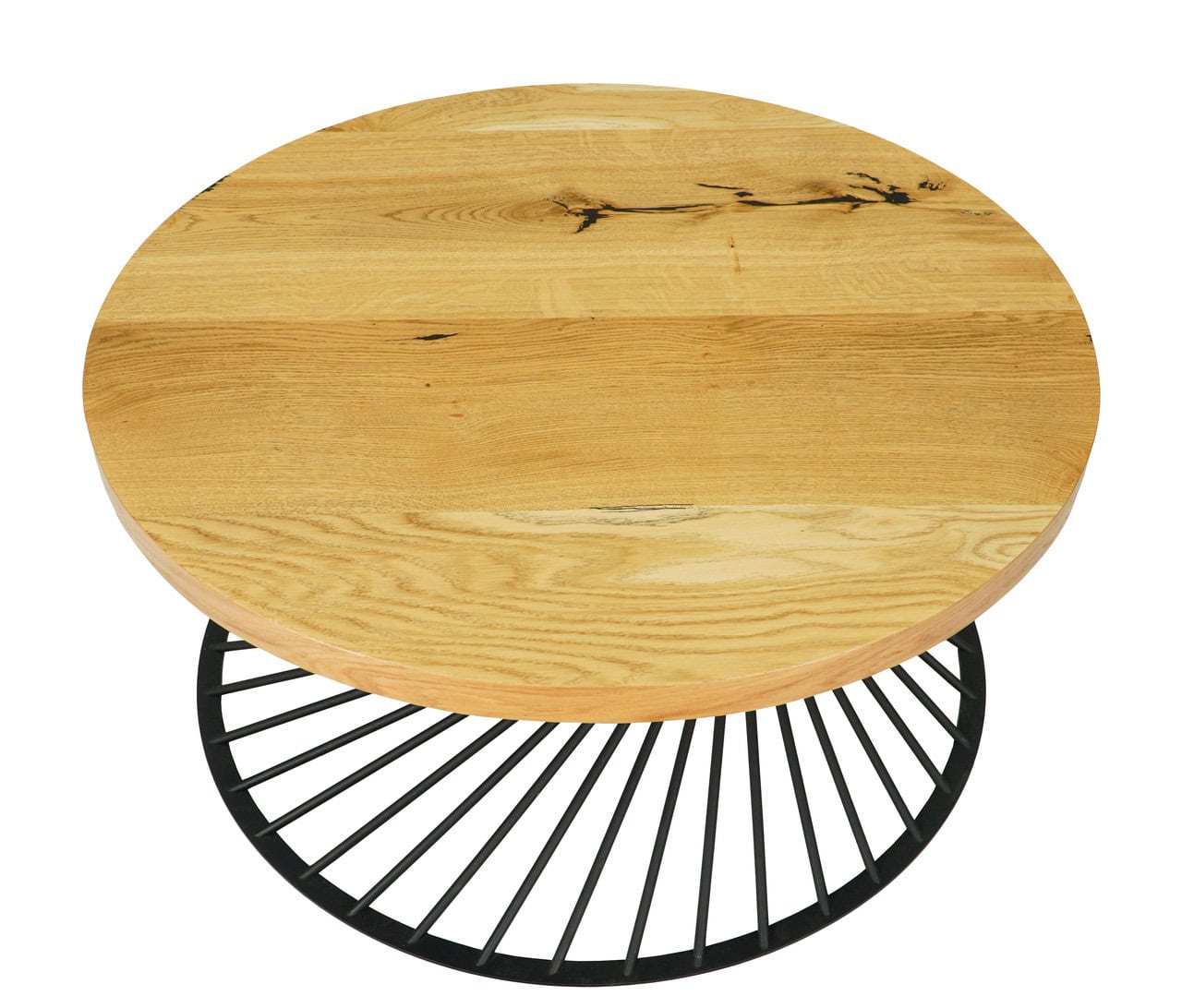 Round Natural Oak Coffee Table – Industrial Black Metal Base