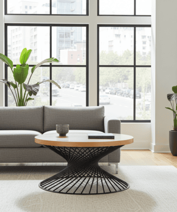 Round Natural Oak Coffee Table – Industrial Black Metal Base