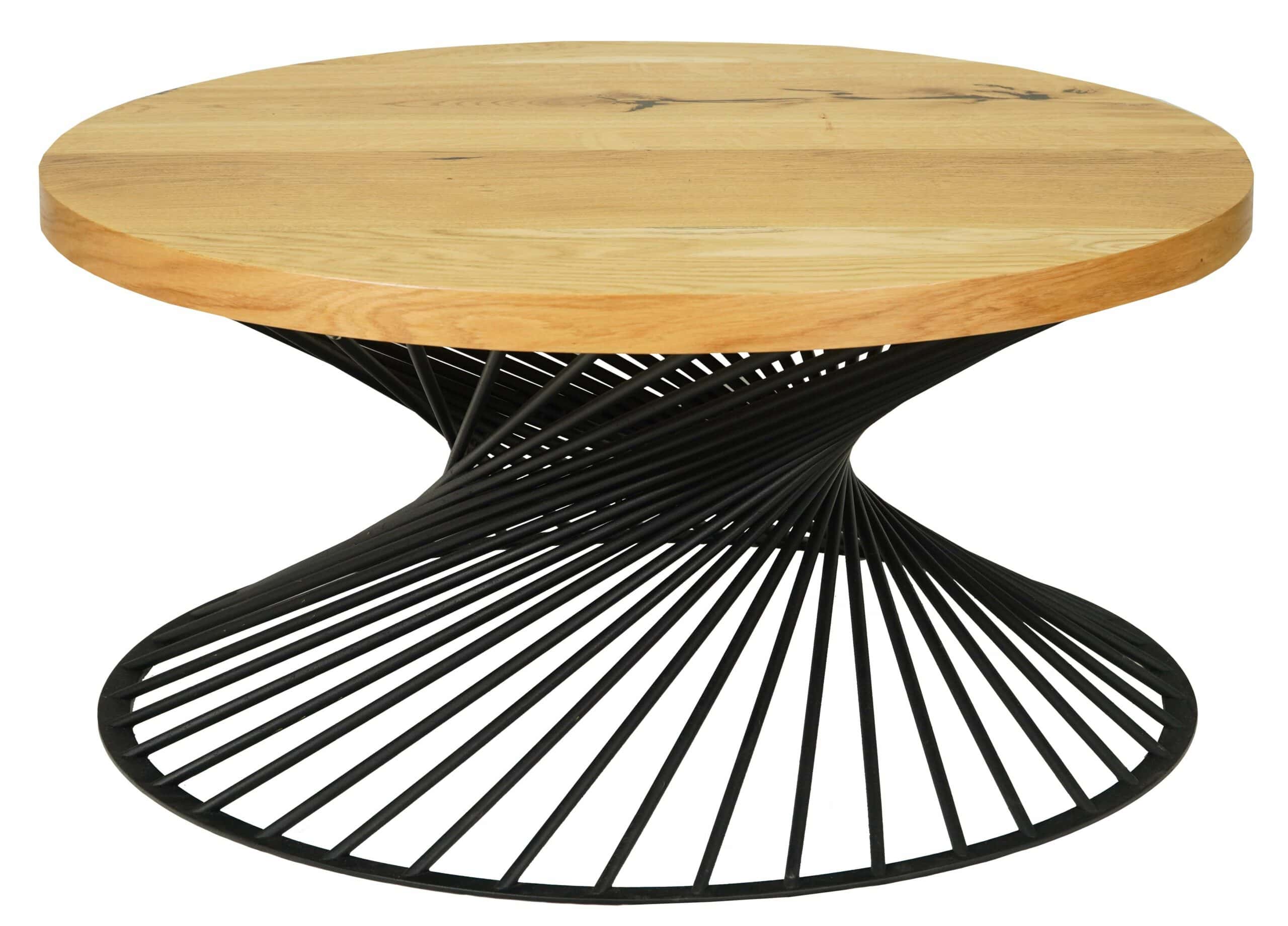 Round Natural Oak Coffee Table – Industrial Black Metal Base