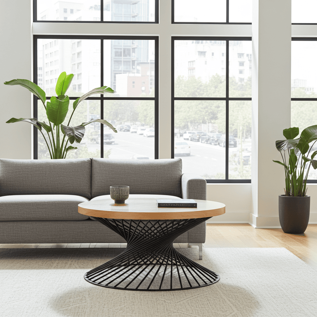 Round Natural Oak Coffee Table – Industrial Black Metal Base