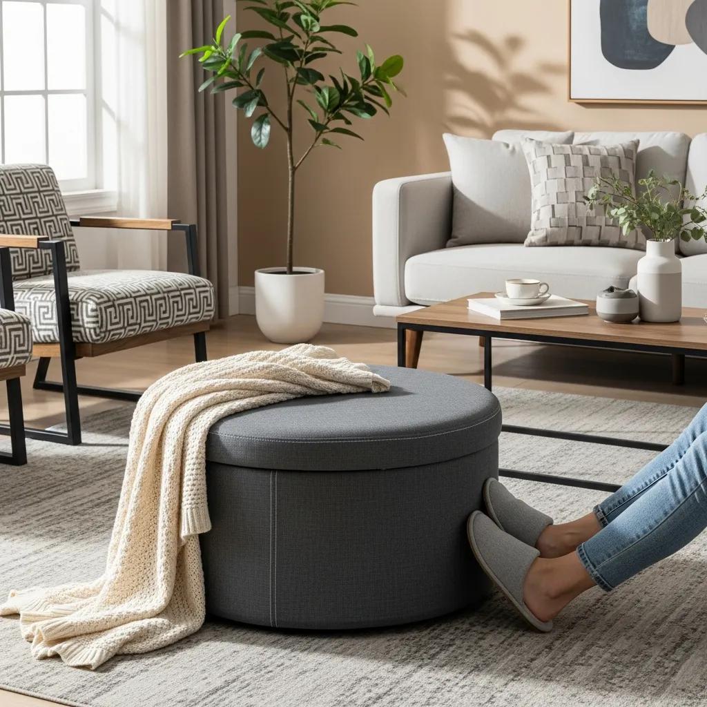 Round storage ottoman in a modern living room showing its versatility
