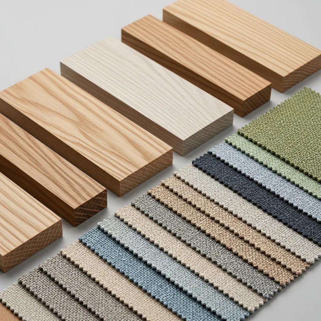 Samples of responsibly sourced woods and eco-friendly upholstery fabrics used for bespoke furniture