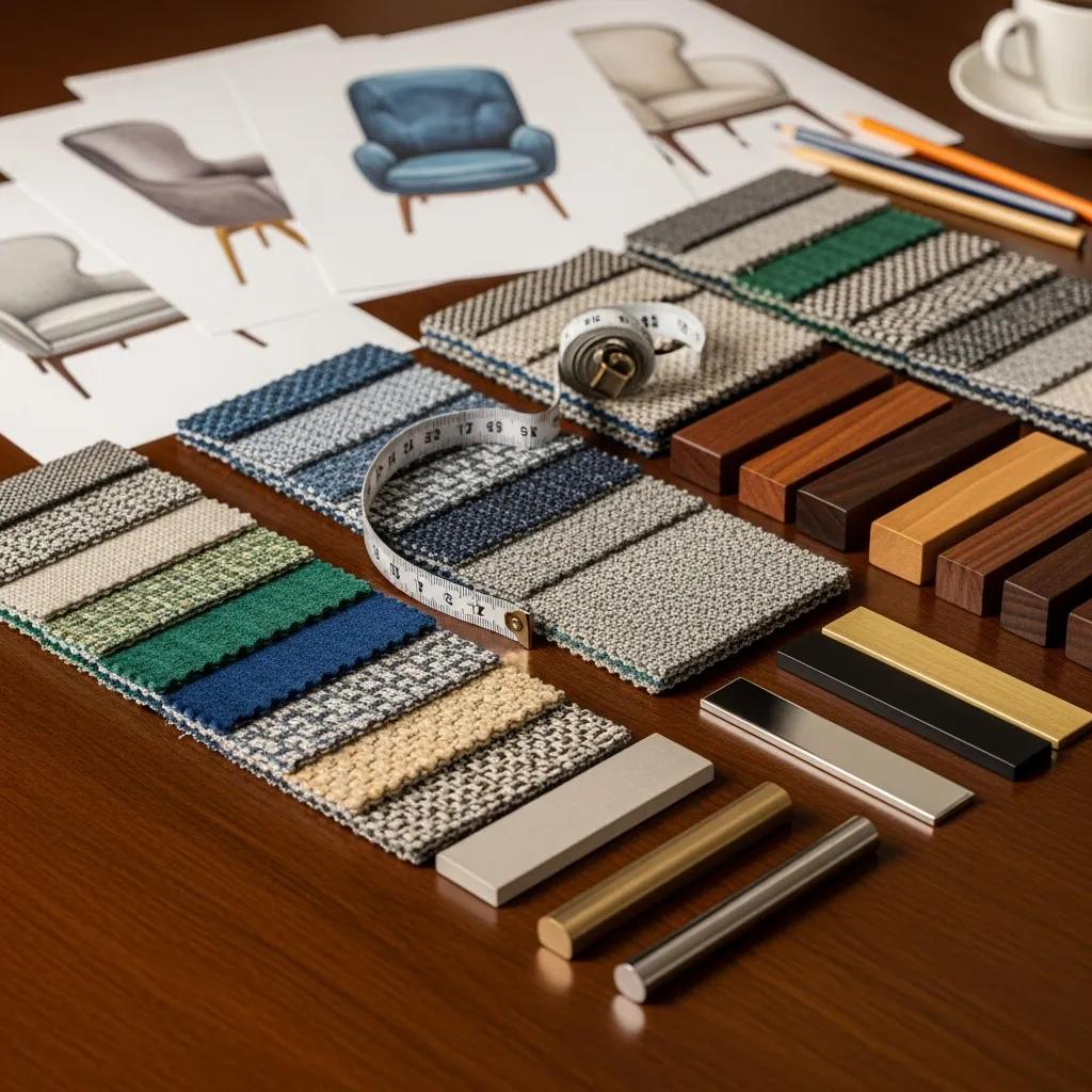 Selection of customizable upholstery swatches and frame finishes for luxury seating, showcasing various textures and colors