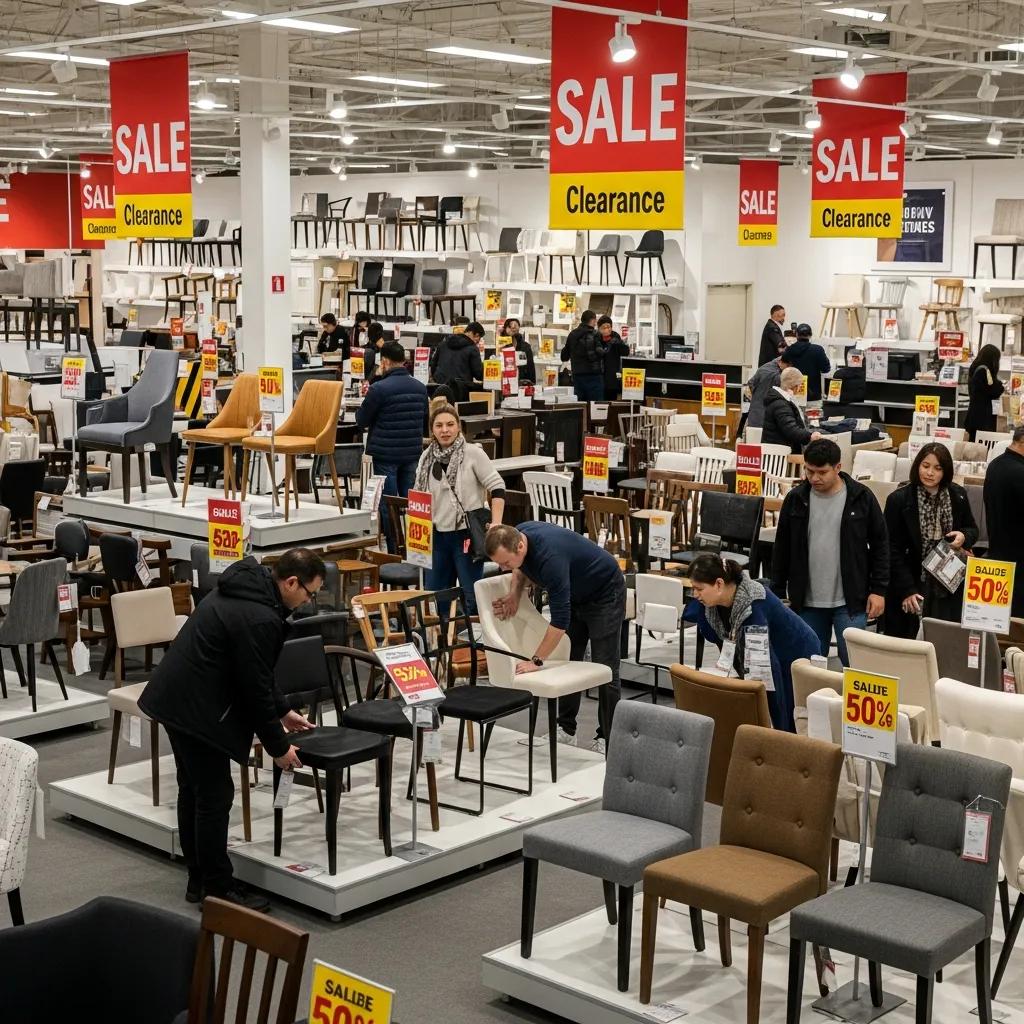 Shoppers exploring a furniture store during a seasonal sale, featuring various dining chairs on display with prominent sale signs indicating discounts.