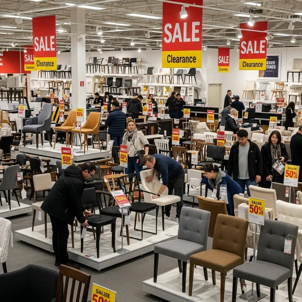 Shoppers exploring a store during a seasonal sale, featuring a variety of dining chairs on display