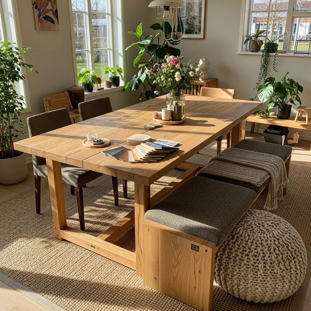 Showcase of handcrafted furniture in a modern living space highlighting customization and sustainability