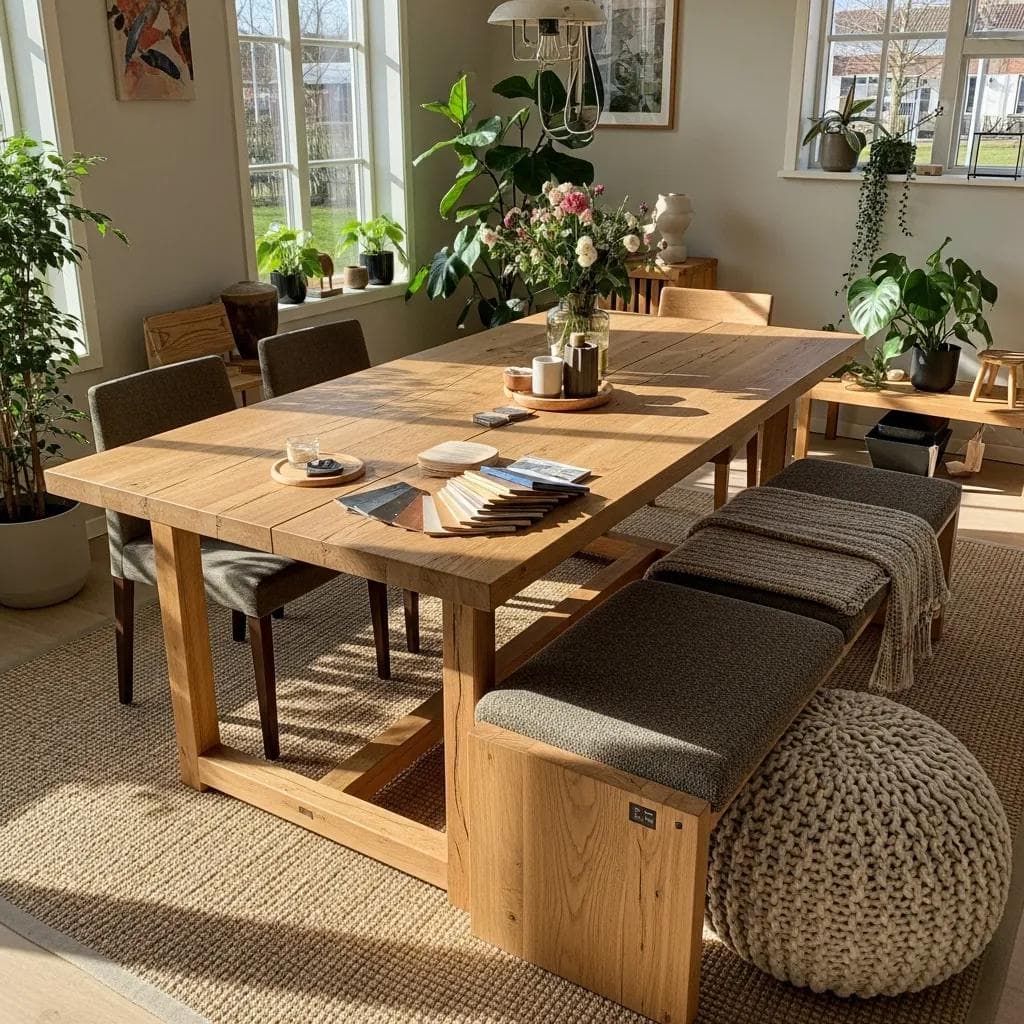 Showcase of handcrafted furniture in a modern living space highlighting customization and sustainability