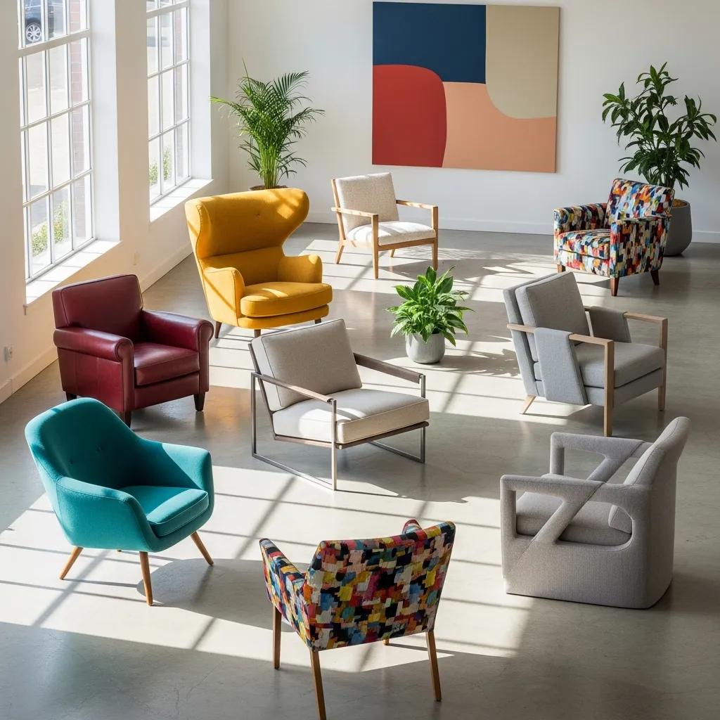 Showroom display of customized armchairs in various colors and styles, highlighting personalization options