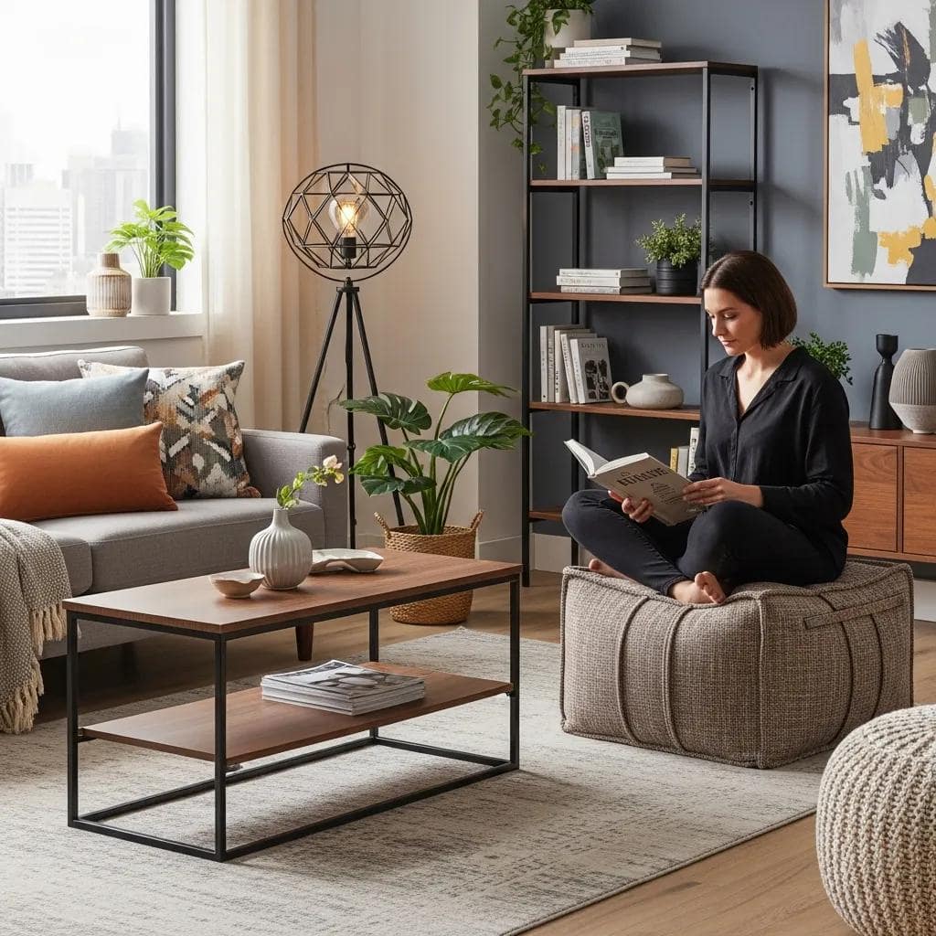 Small apartment showing a pouffe used as both seating and hidden storage