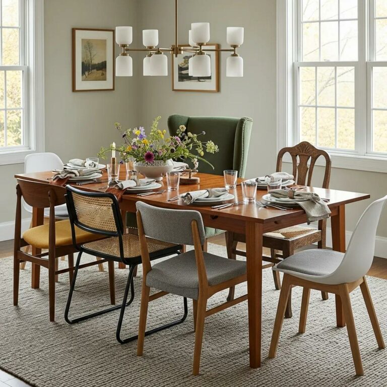 Stylish dining chairs in a cozy dining room setting, showcasing various materials and colors