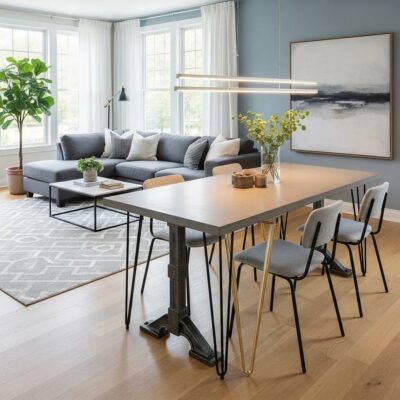 Stylish dining table with metal legs in a modern living room, showcasing hairpin, gold, and industrial styles