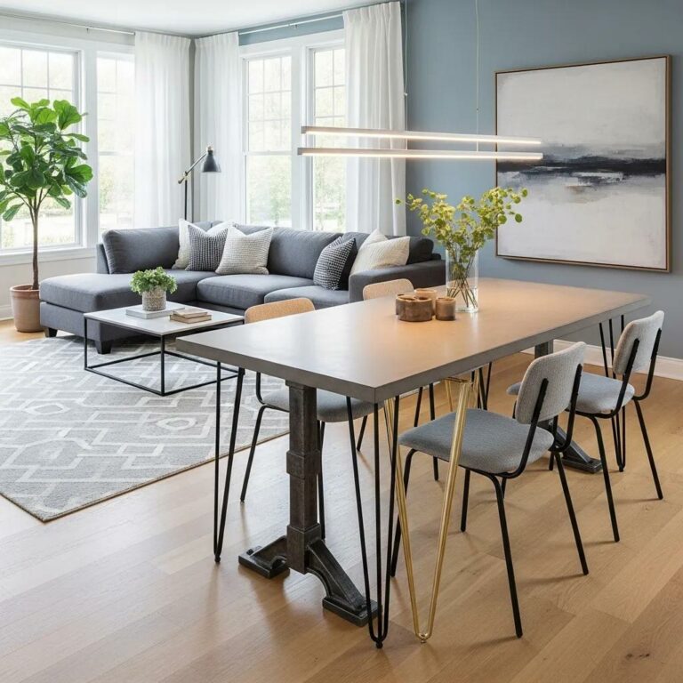 Stylish dining table with metal legs in a modern living room, showcasing hairpin, gold, and industrial styles