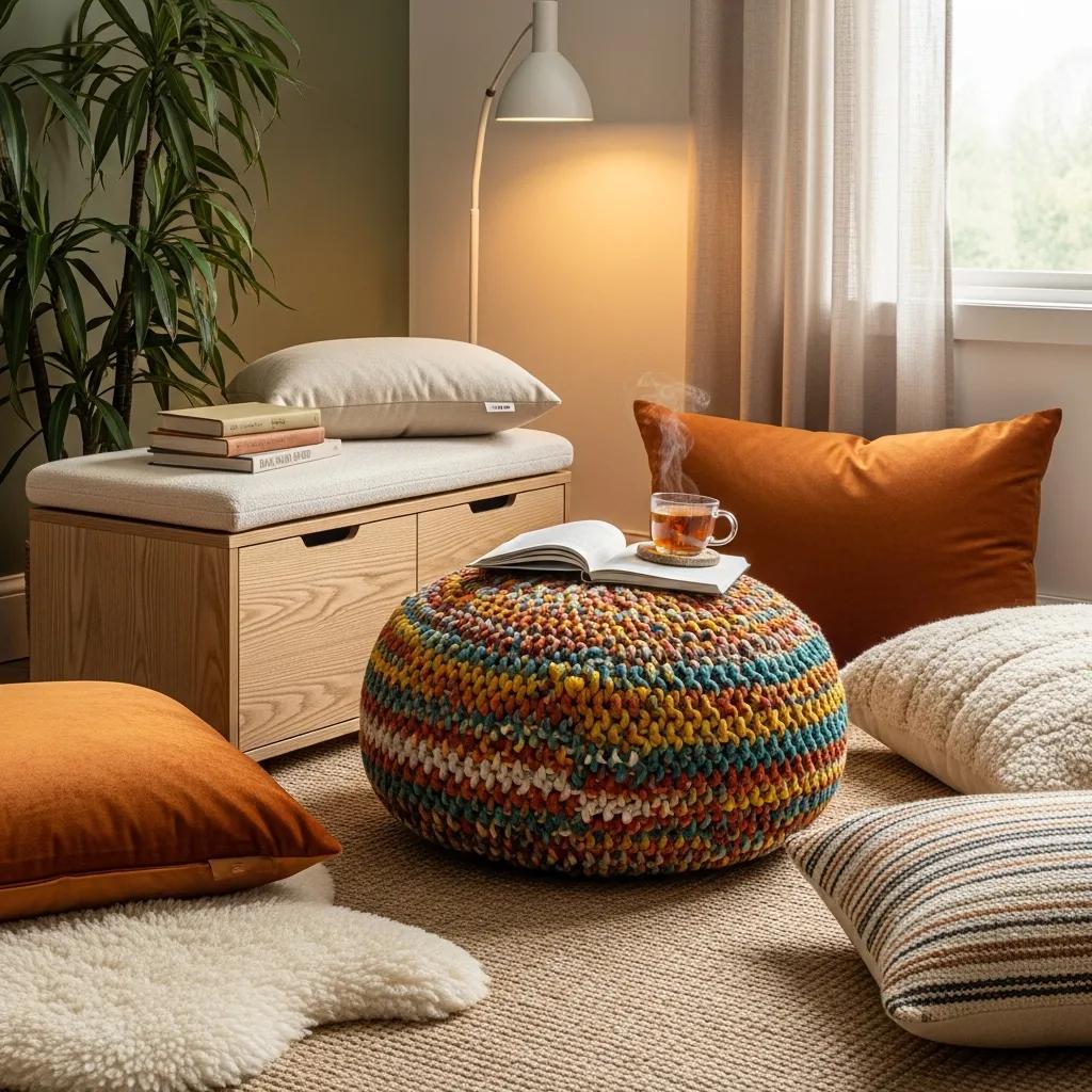 Cozy reading nook featuring a colorful handcrafted pouffe, compact bench with books, a steaming cup of tea, and decorative pillows, illuminated by natural light from a window.