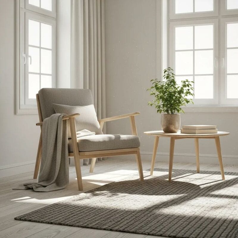 Stylish Scandinavian chair in a bright living room, showcasing modern design and comfort