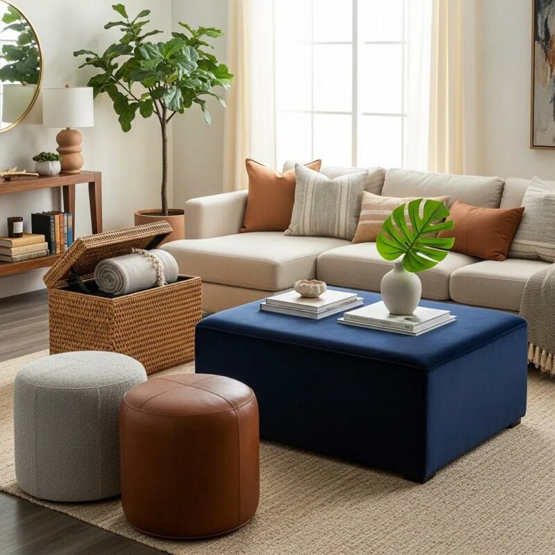 Stylish storage ottomans in a cozy living room setting