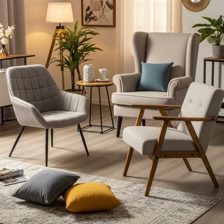 Stylish upholstered chairs in a cozy living room setting, showcasing various designs and fabrics