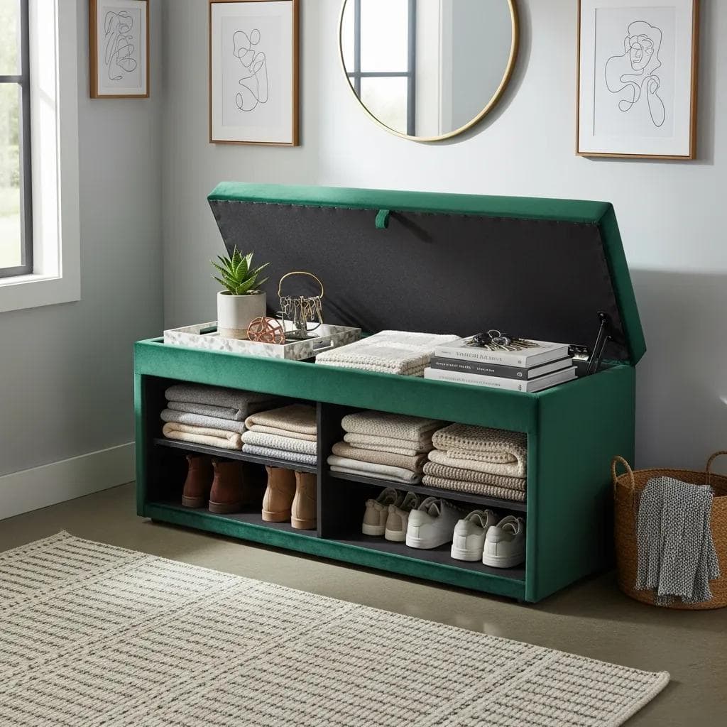 Stylish velvet storage bench in a modern entryway, showcasing functionality and aesthetic appeal