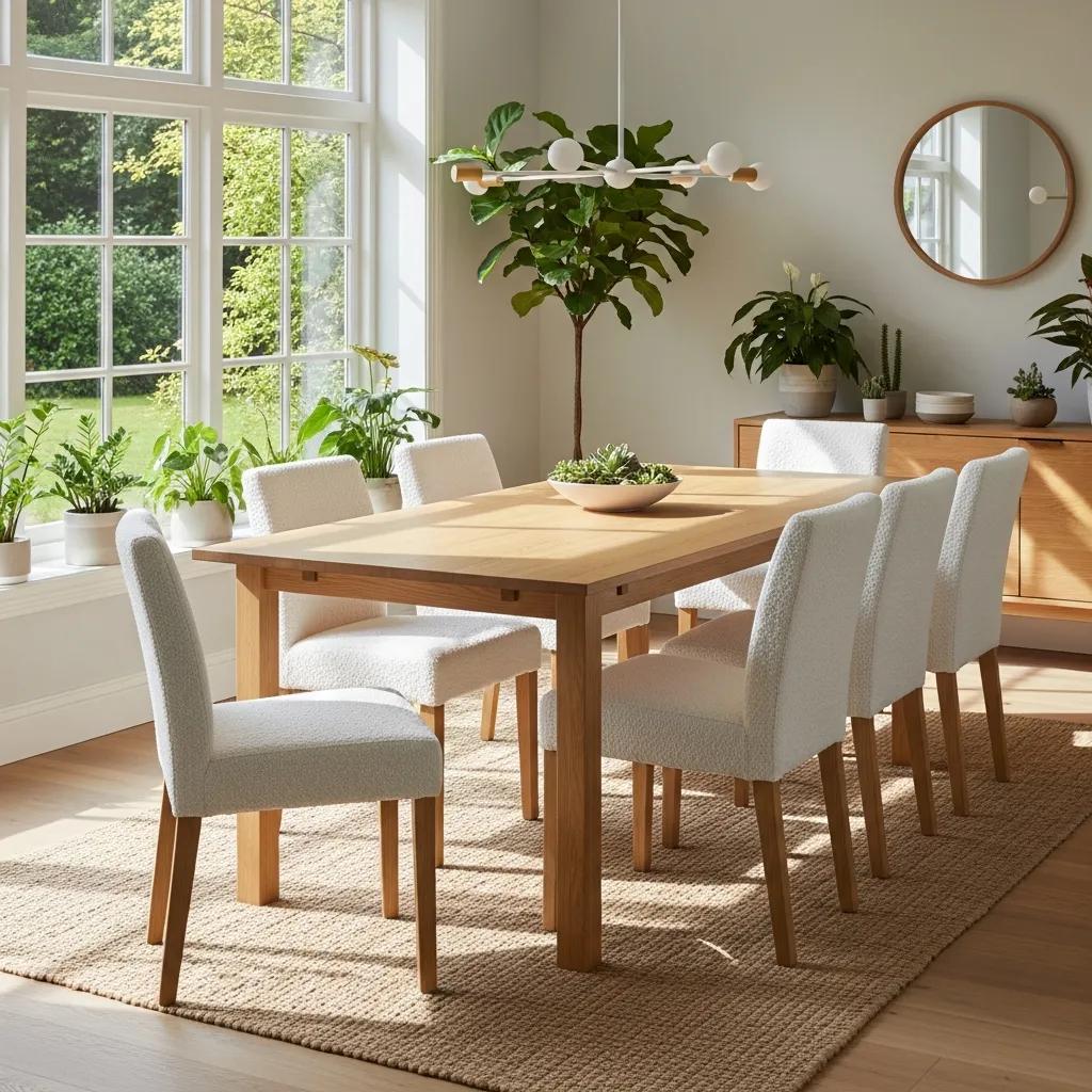 Sustainable oak dining table with bouclé chairs in a bright dining area, emphasizing eco-friendly design