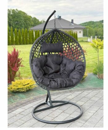 Tropikal Black Hanging Egg Chair – Natural Rattan Cocoon with Cushions