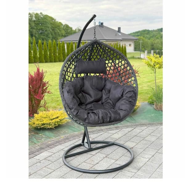Tropikal Black Hanging Egg Chair – Natural Rattan Cocoon with Cushions