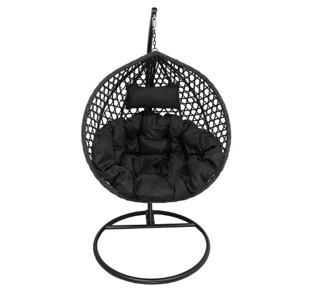 Tropikal Black Hanging Egg Chair – Natural Rattan Cocoon with Cushions