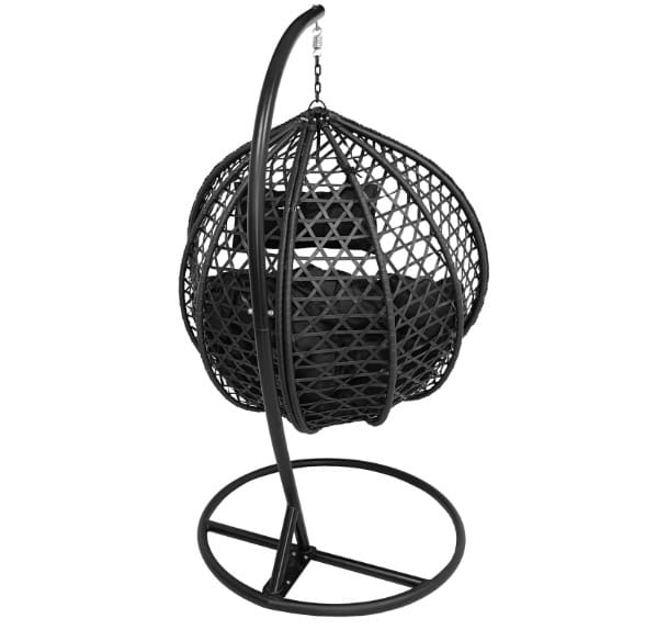 Tropikal Black Hanging Egg Chair – Natural Rattan Cocoon with Cushions