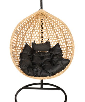 Tropikal Black Hanging Egg Chair – Natural Rattan Cocoon with Cushions
