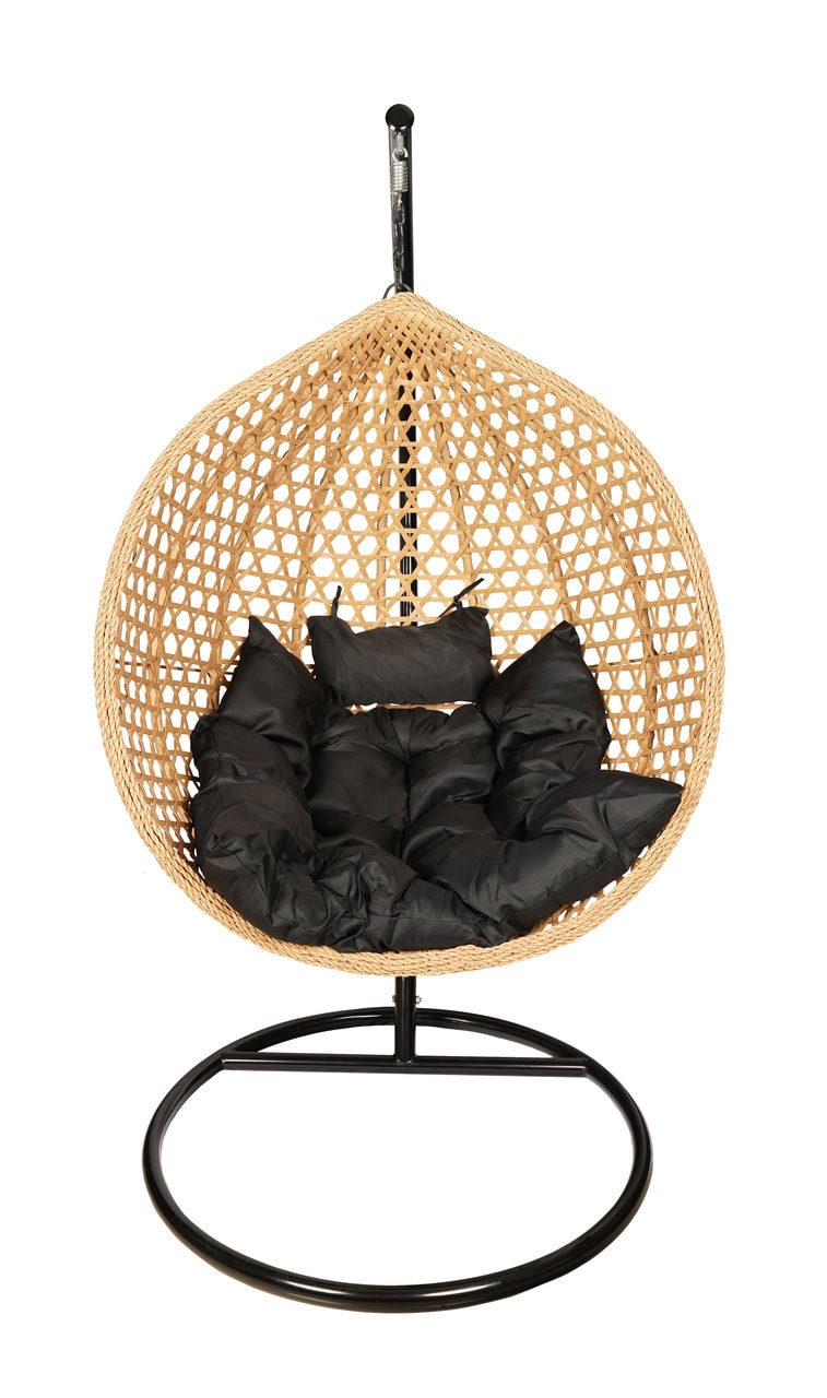 Tropikal Black Hanging Egg Chair – Natural Rattan Cocoon with Cushions