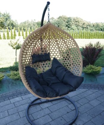 Tropikal Black Hanging Egg Chair – Natural Rattan Cocoon with Cushions