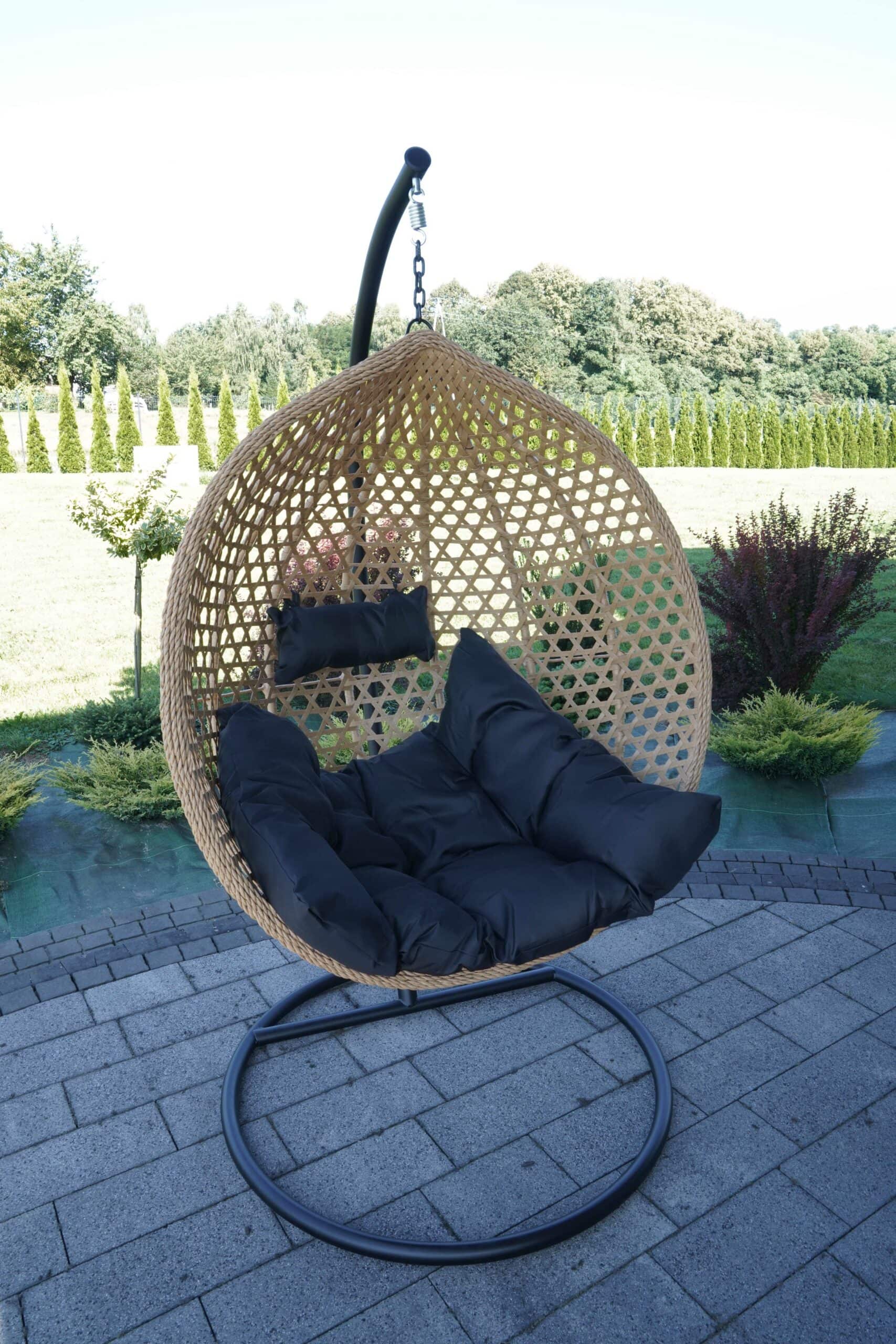 Tropikal Black Hanging Egg Chair – Natural Rattan Cocoon with Cushions
