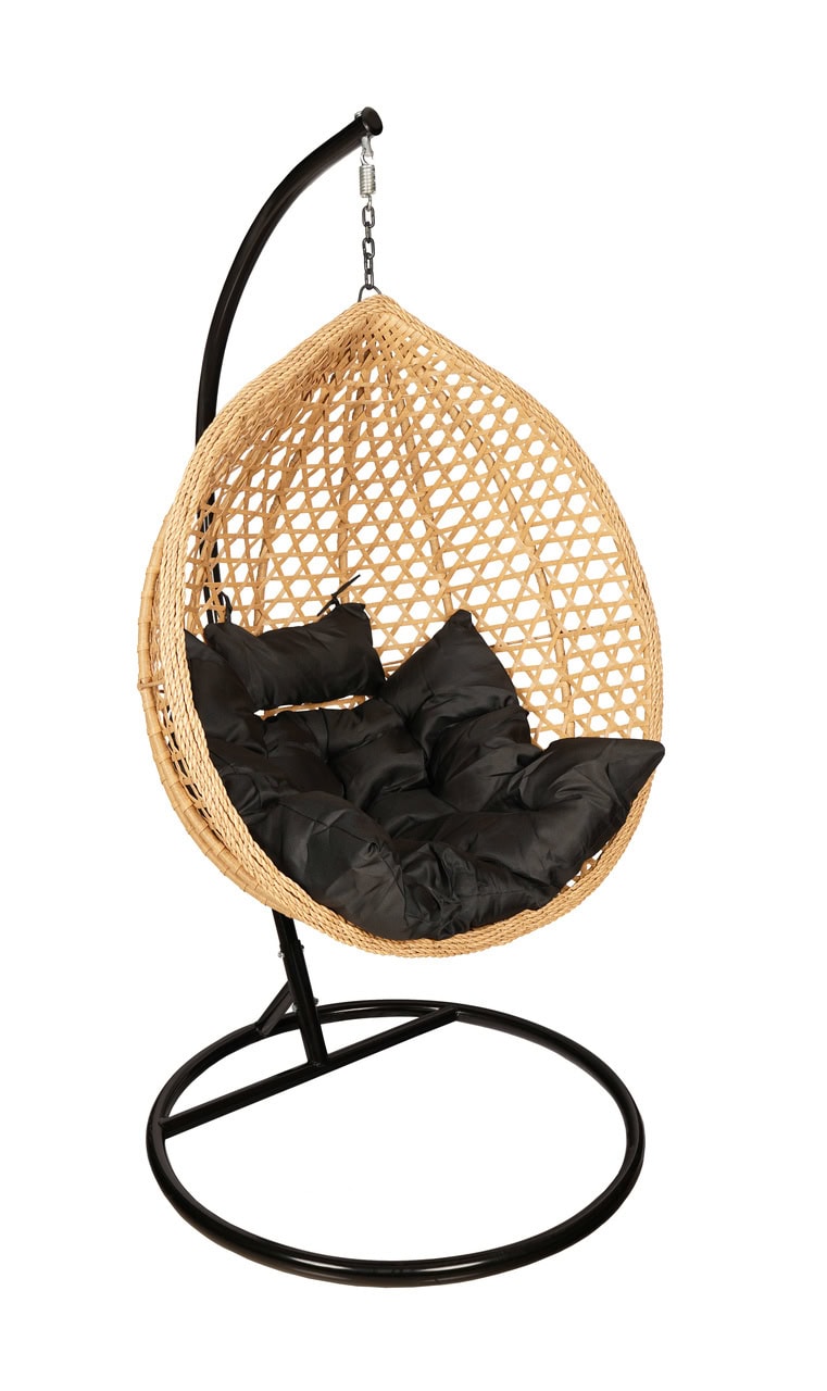 Tropikal Black Hanging Egg Chair – Natural Rattan Cocoon with Cushions