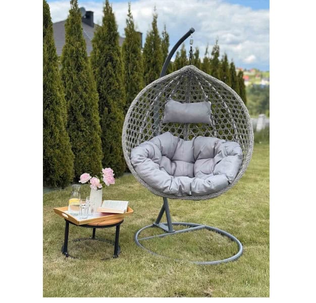 Tropikal Black Hanging Egg Chair – Natural Rattan Cocoon with Cushions