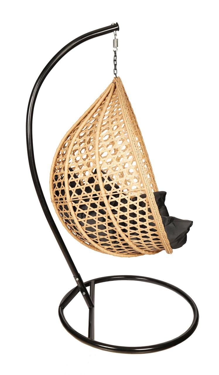 Tropikal Black Hanging Egg Chair – Natural Rattan Cocoon with Cushions