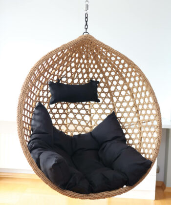 Tropikal Black Hanging Egg Chair – Natural Rattan Cocoon with Cushions