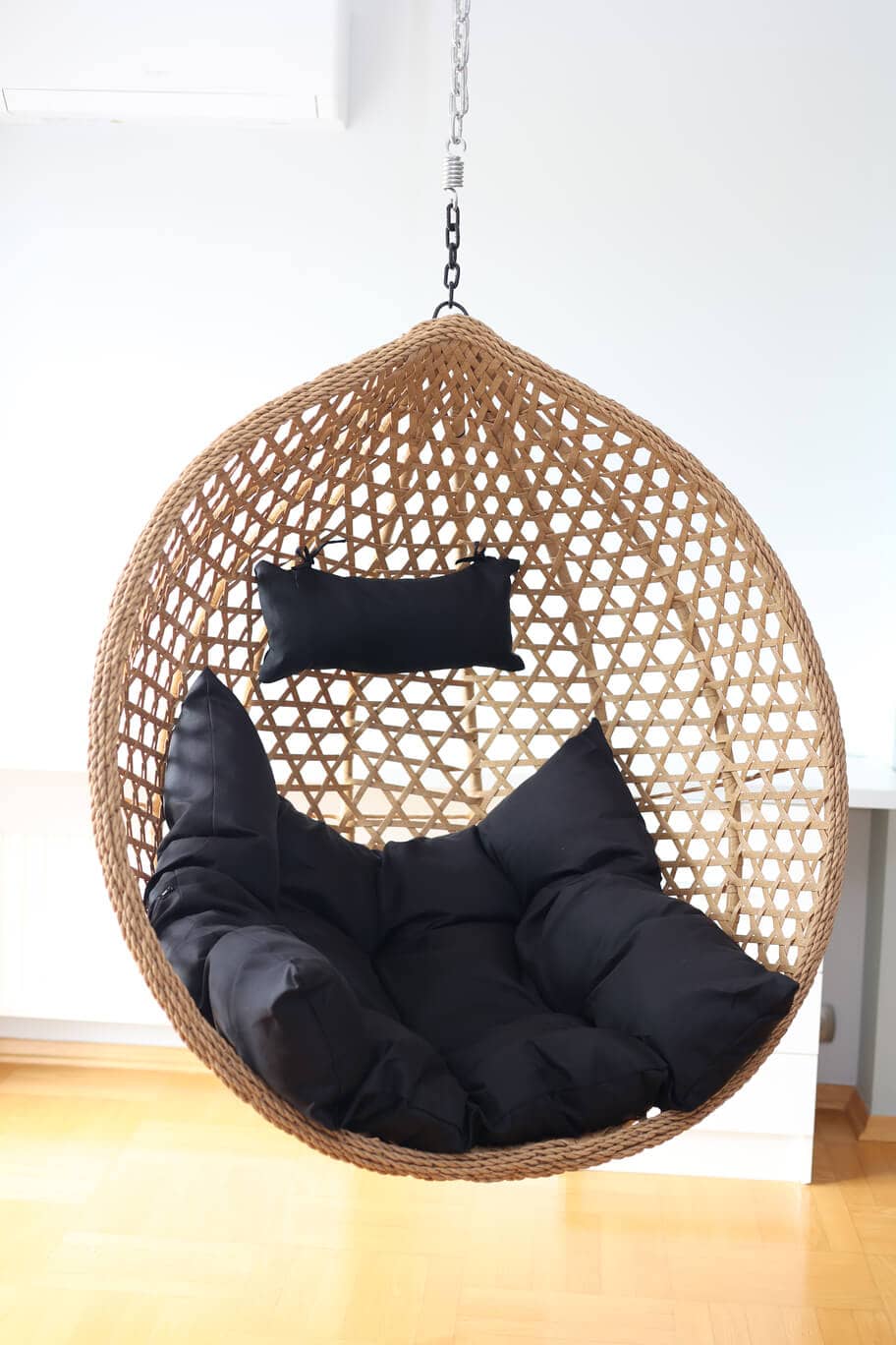 Tropikal Black Hanging Egg Chair – Natural Rattan Cocoon with Cushions