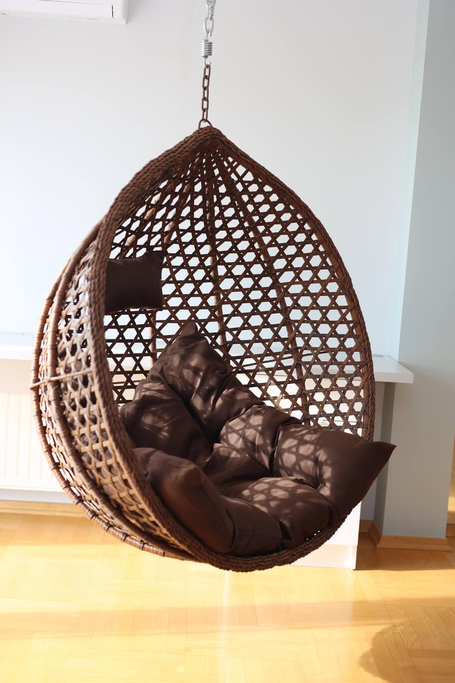 Tropikal Black Hanging Egg Chair – Natural Rattan Cocoon with Cushions