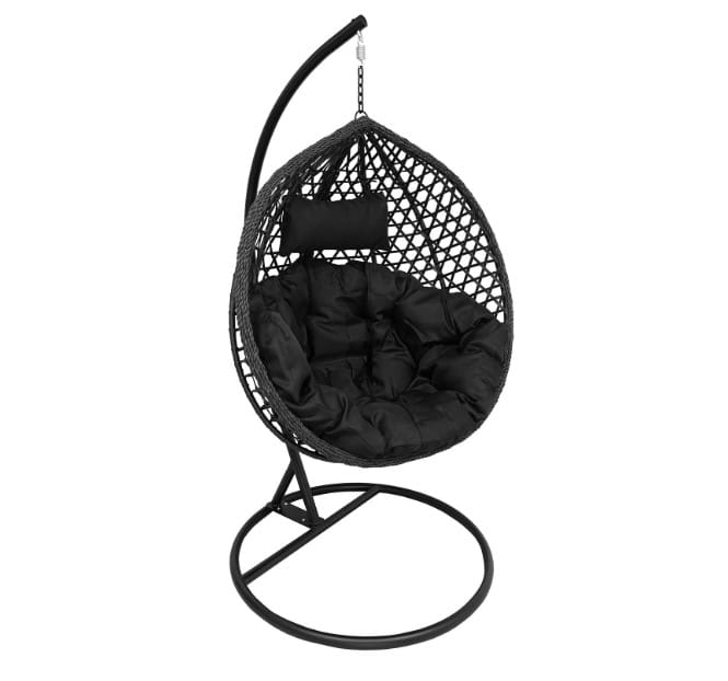 Tropikal Black Hanging Egg Chair – Natural Rattan Cocoon with Cushions